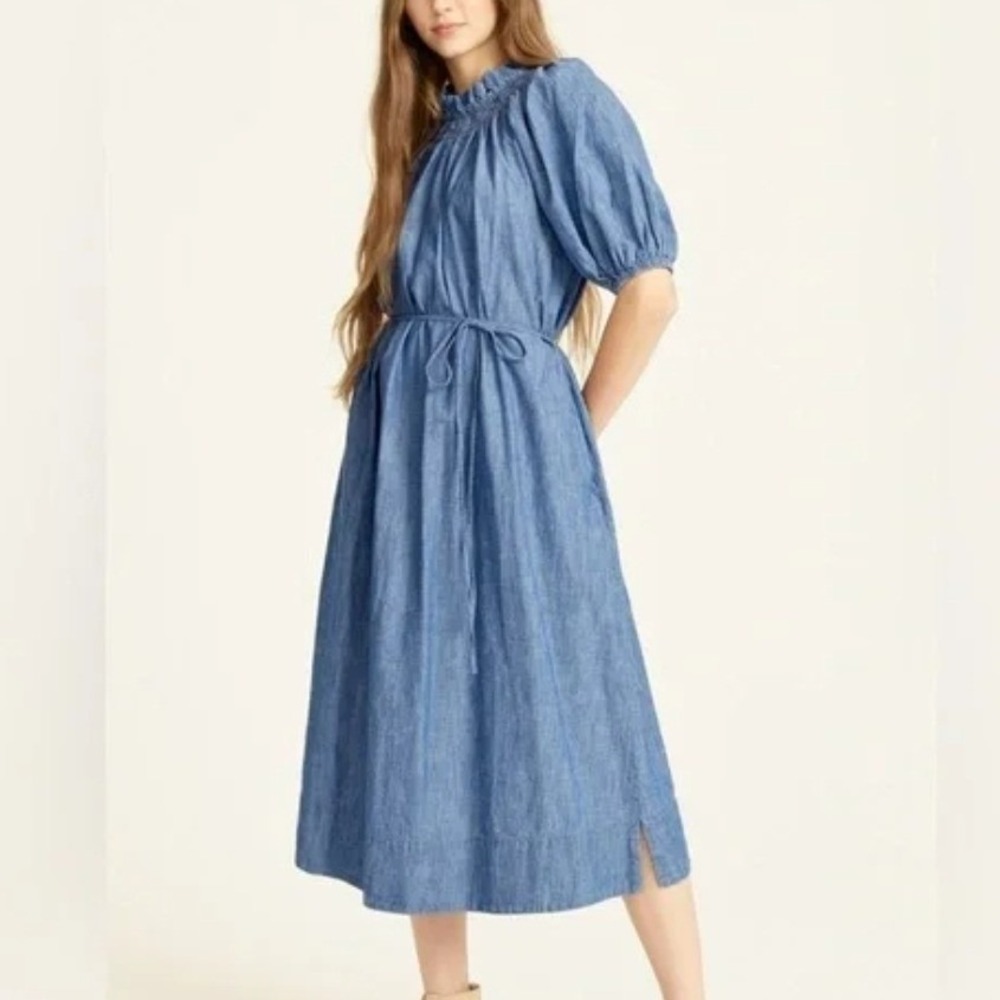 J Crew Chambray Smocked Neck Puff Sleeve Midi Dress‎ Blue XS
